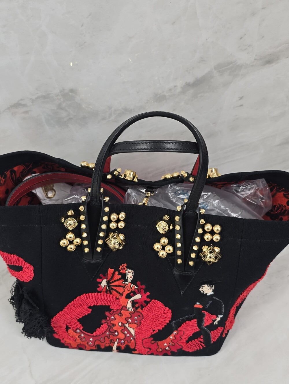 🔥RARE🔥 Christian Louboutin Tote Bag with Red Embroidered Flamenco Motif - Picture 8 of 16